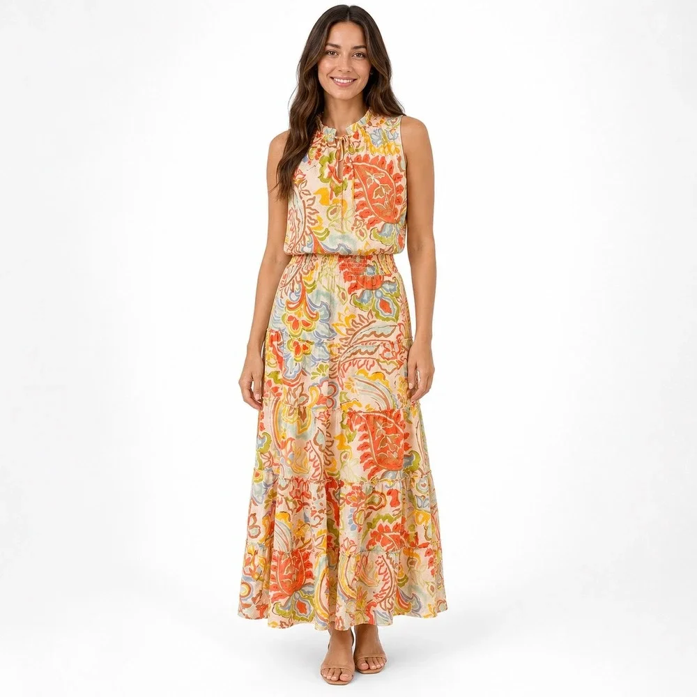 1.STATE Maxi Dress L Multicolor Paisley Tiered Smocked Waist Sleeveless Boho